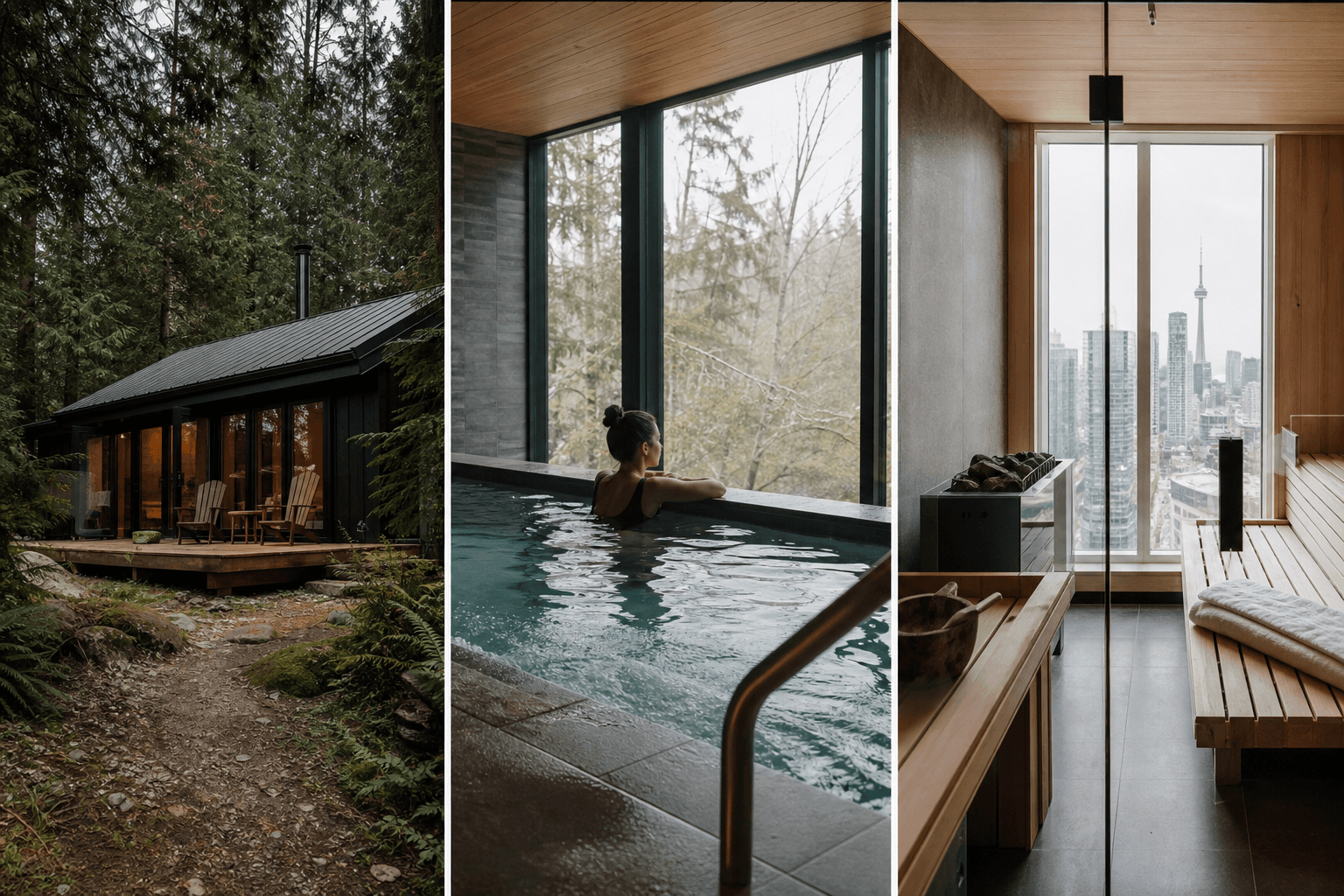 Three calm scenes side by side: a forest retreat cabin, a spa pool, and a city sauna studio in soft daylight