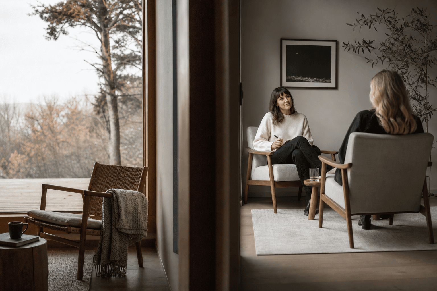 A calm, split scene suggesting a quiet retreat space and a private counseling room, both peaceful
