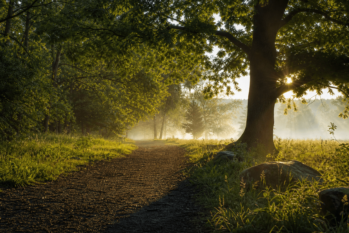 A quiet path through trees in early morning light with no one on it