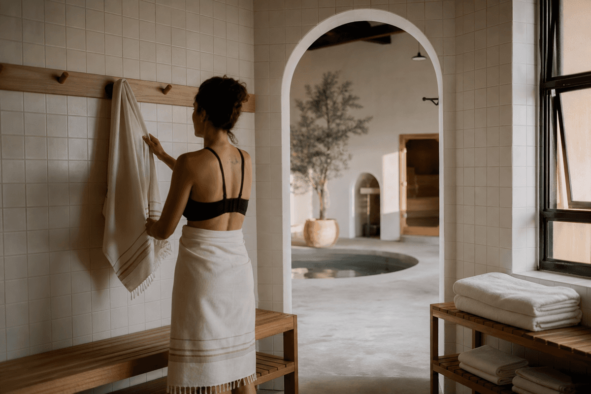 A tiled bathhouse changing area with wooden benches and folded towels