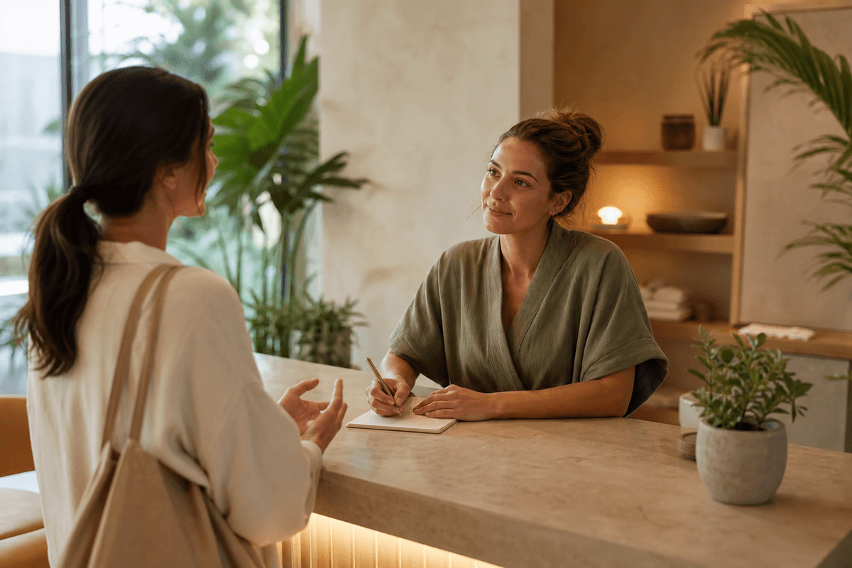 A studio receptionist listening to a guest across a stone counter and taking notes, warm light and plants