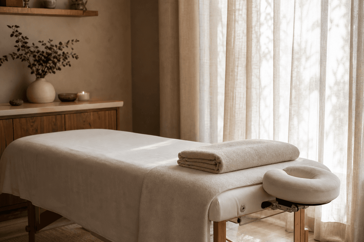 A calm treatment room with a massage table, a folded towel and a face cradle, soft light through a linen curtain