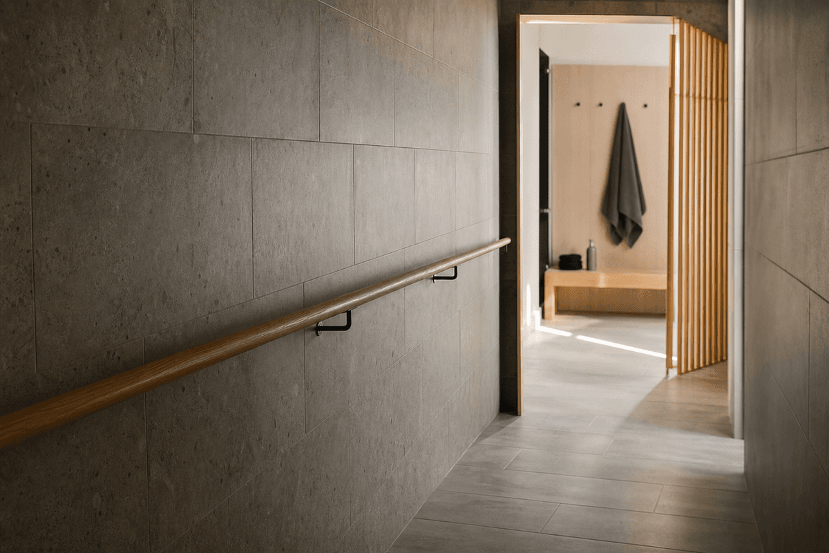 A tiled corridor with a continuous handrail leading toward a bright changing area