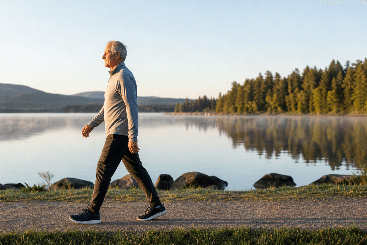 A grey-haired man walking at an easy pace along a lakeside path at dawn, still water and pine trees behind him