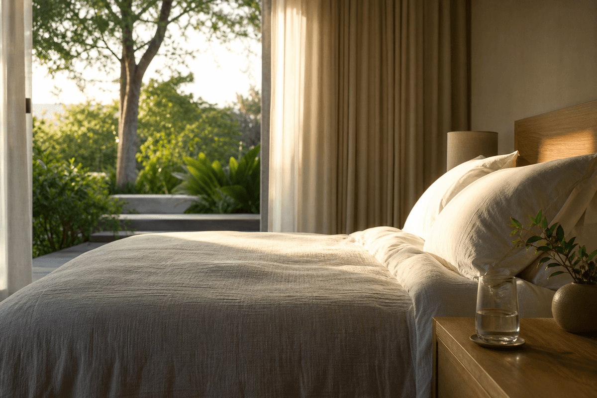A quiet bedroom at first light, linen bedding, curtains open to a garden and a glass of water on the nightstand