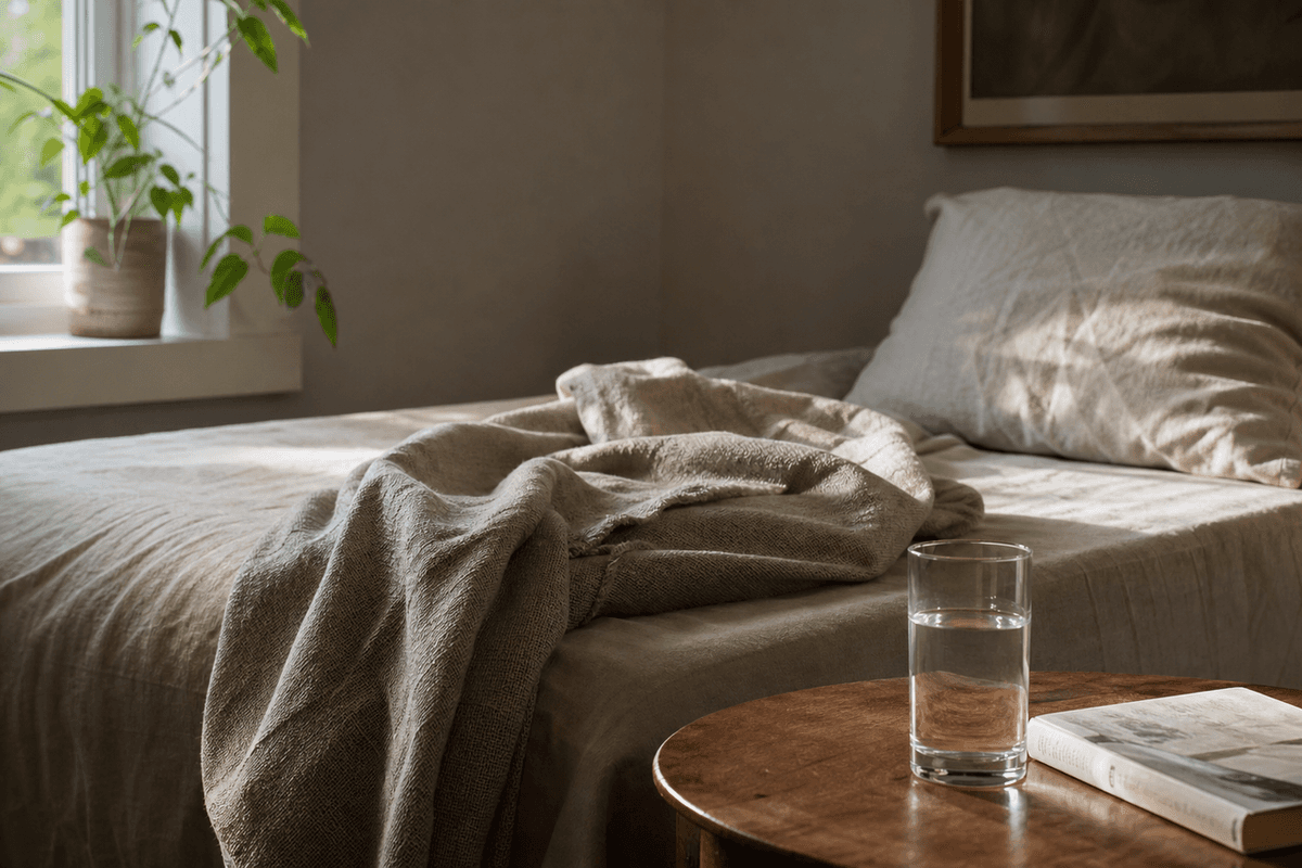 A quiet room with a daybed, a blanket and a glass of water in soft afternoon light