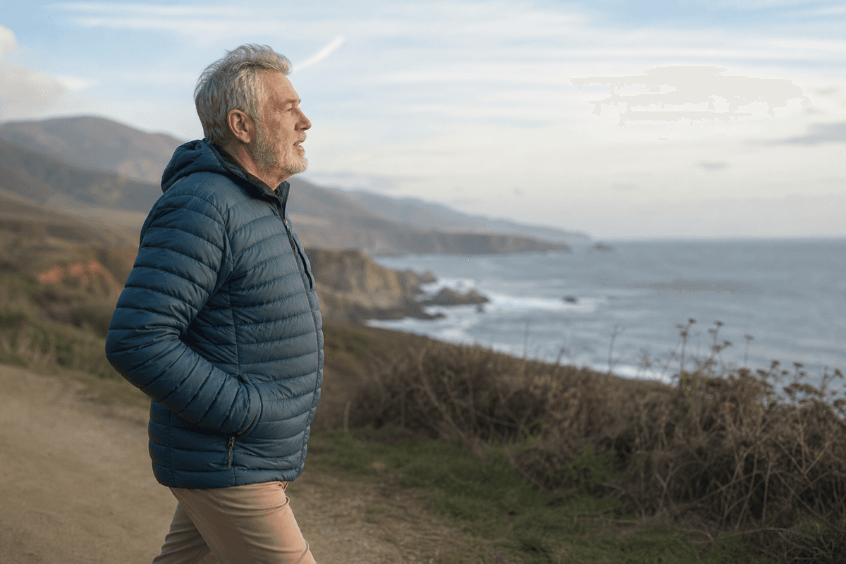A grey-haired man in a quilted jacket walking along a coastal path in cool clear air, sea and cliffs behind him