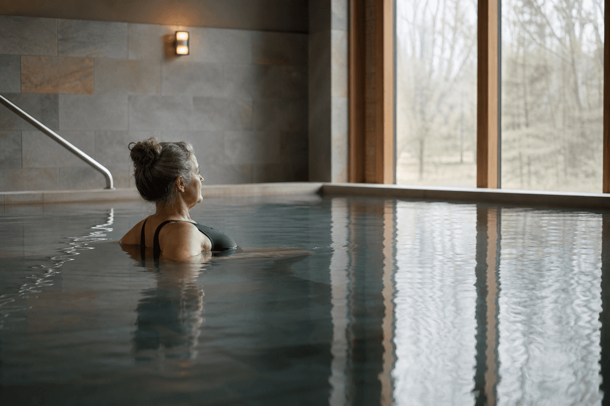 Still warm water in a quiet indoor pool with a handrail and soft daylight