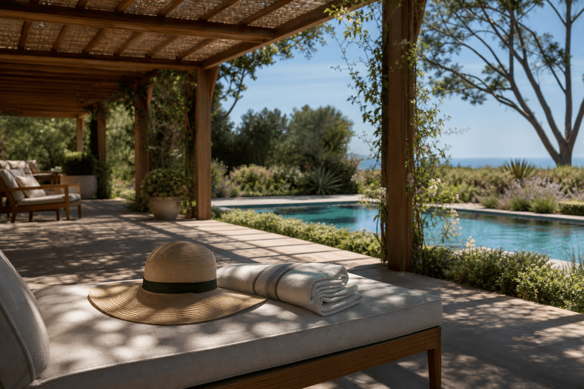 A wide-brimmed straw hat and a folded towel on a lounger under a shaded pergola beside a pool