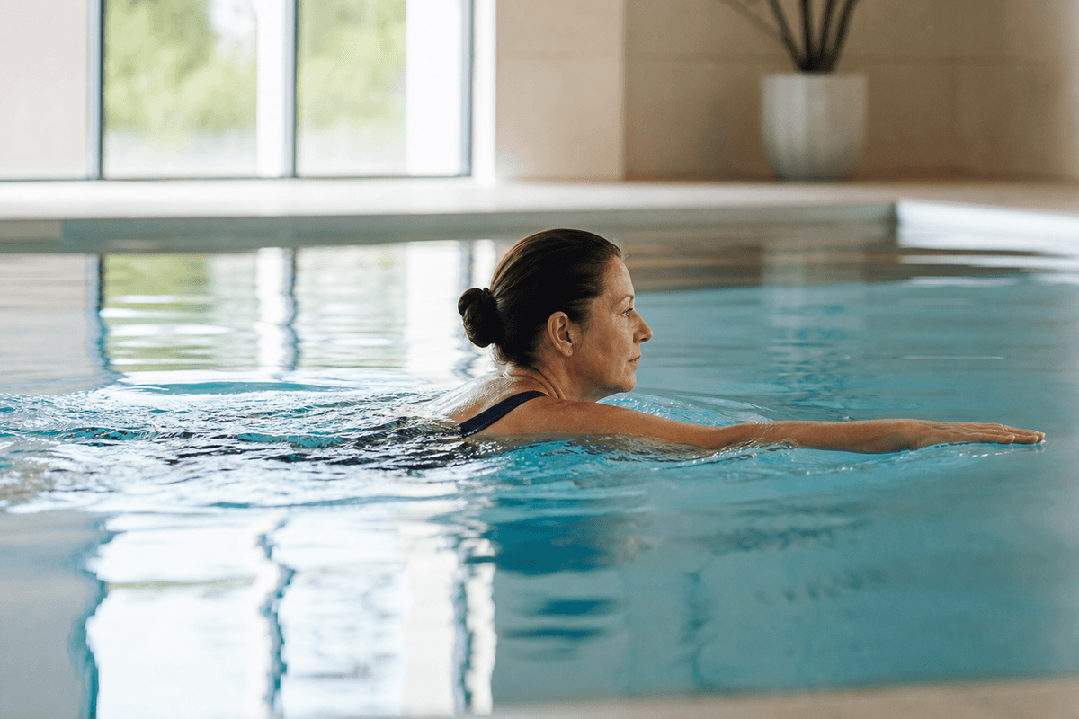 A woman swimming a slow stroke through a calm indoor pool, seen from the side at water level