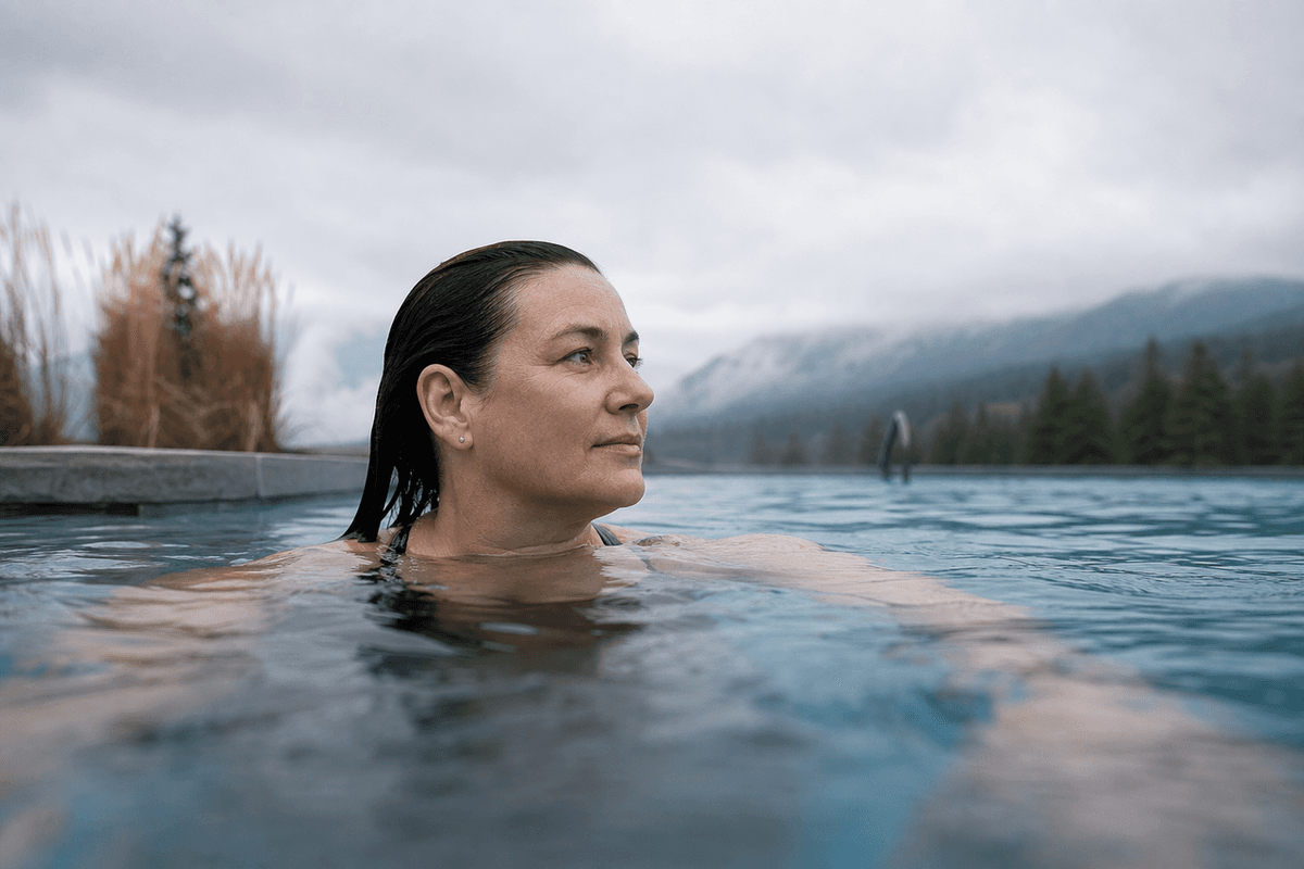 A woman resting at the edge of a cool outdoor pool under an overcast sky, forested hills behind her
