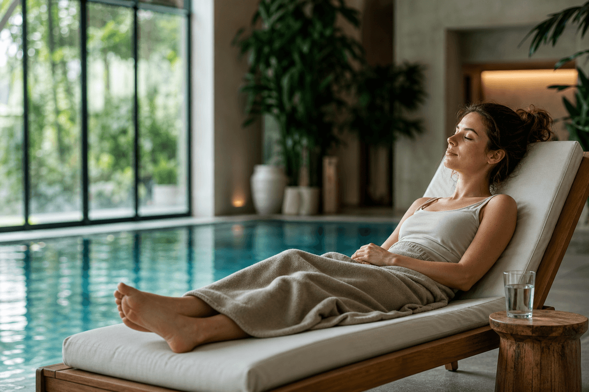 A woman resting on a reclined lounger beside a calm indoor pool, a towel over her legs and a glass of water on a side table