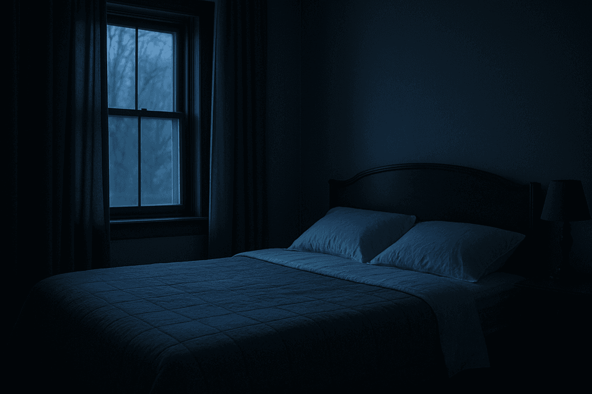 A dark, calm bedroom before dawn with faint light at the window and an empty made bed