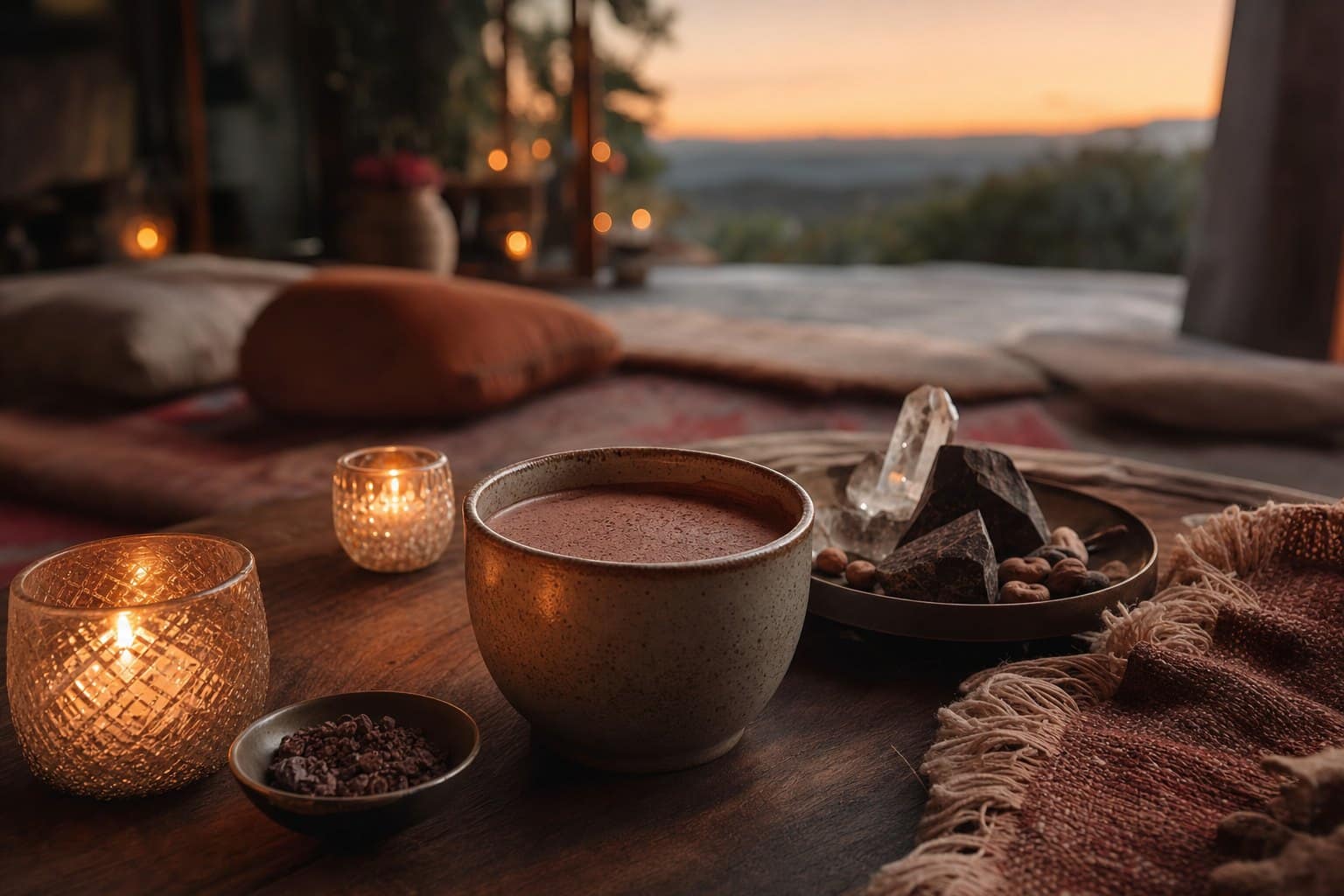 A warm bowl of ceremonial cacao beside candles in a calm, dim room