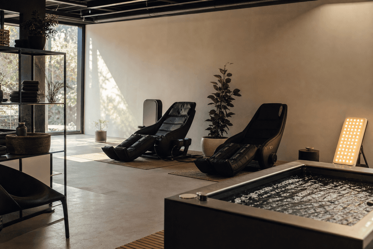 A studio interior with compression boot chairs, a light panel and a cold tub