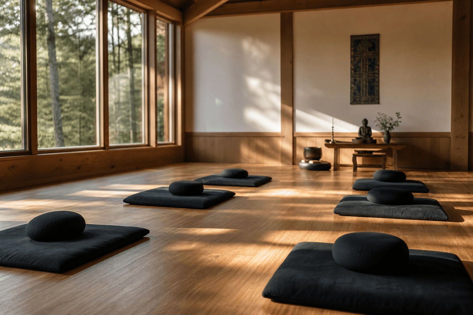 A simple, quiet meditation hall with cushions in soft morning light and no one speaking