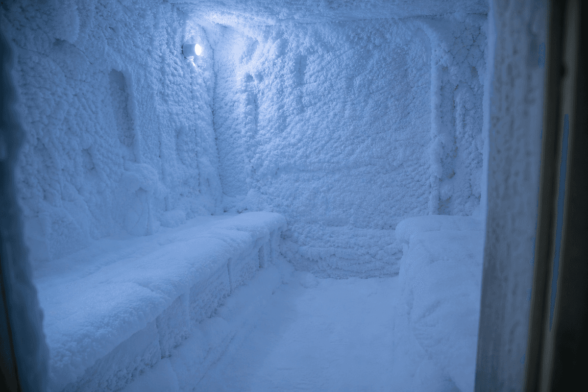 A small refrigerated room with snow-covered benches and walls lit by cool blue light