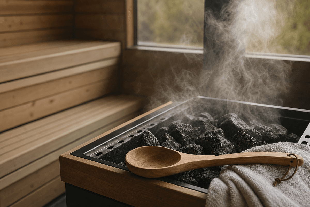 Steam rising from hot sauna stones with a folded towel and a wooden ladle beside them