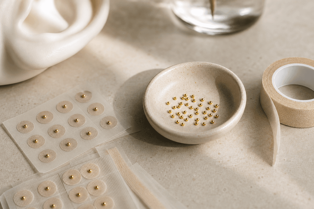 A small dish of tiny gold-coloured beads and adhesive tape on a clean surface