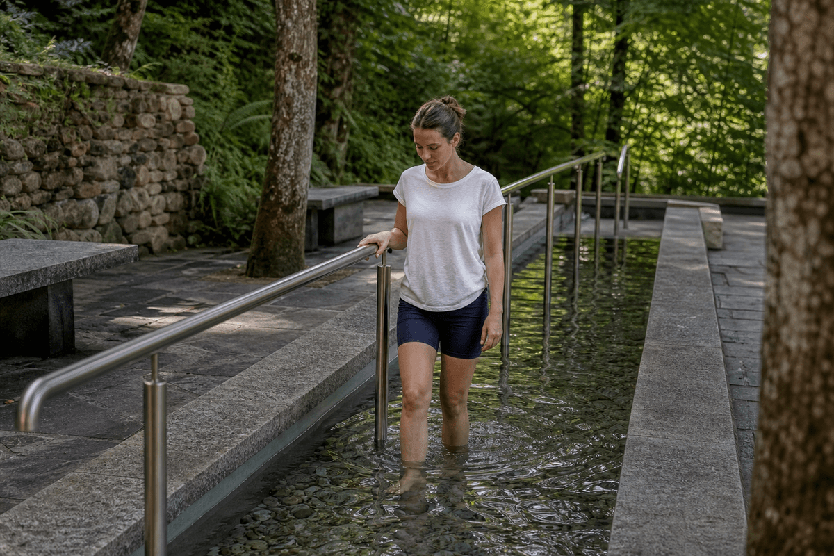 A shallow stone water-treading basin with a handrail, surrounded by trees