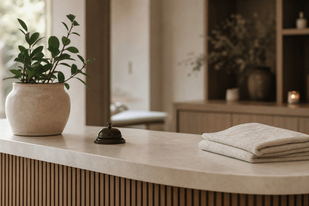 An empty reception desk with a bell, a plant and a folded towel in soft light