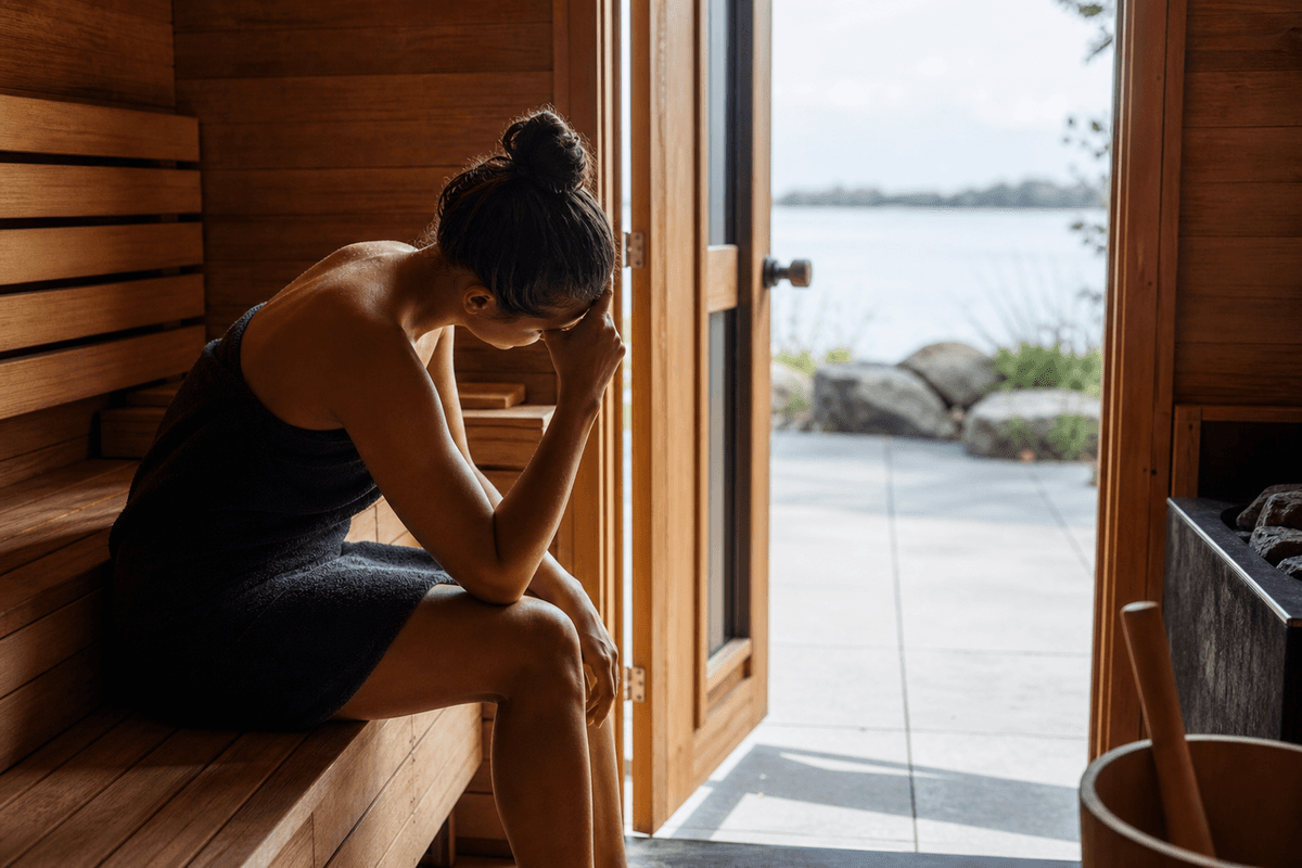 A low wooden sauna bench near an open door with cooler air and daylight beyond