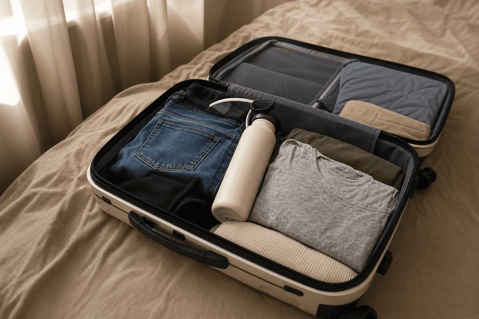 A neatly packed small open suitcase with simple comfortable clothes and a water bottle in soft daylight