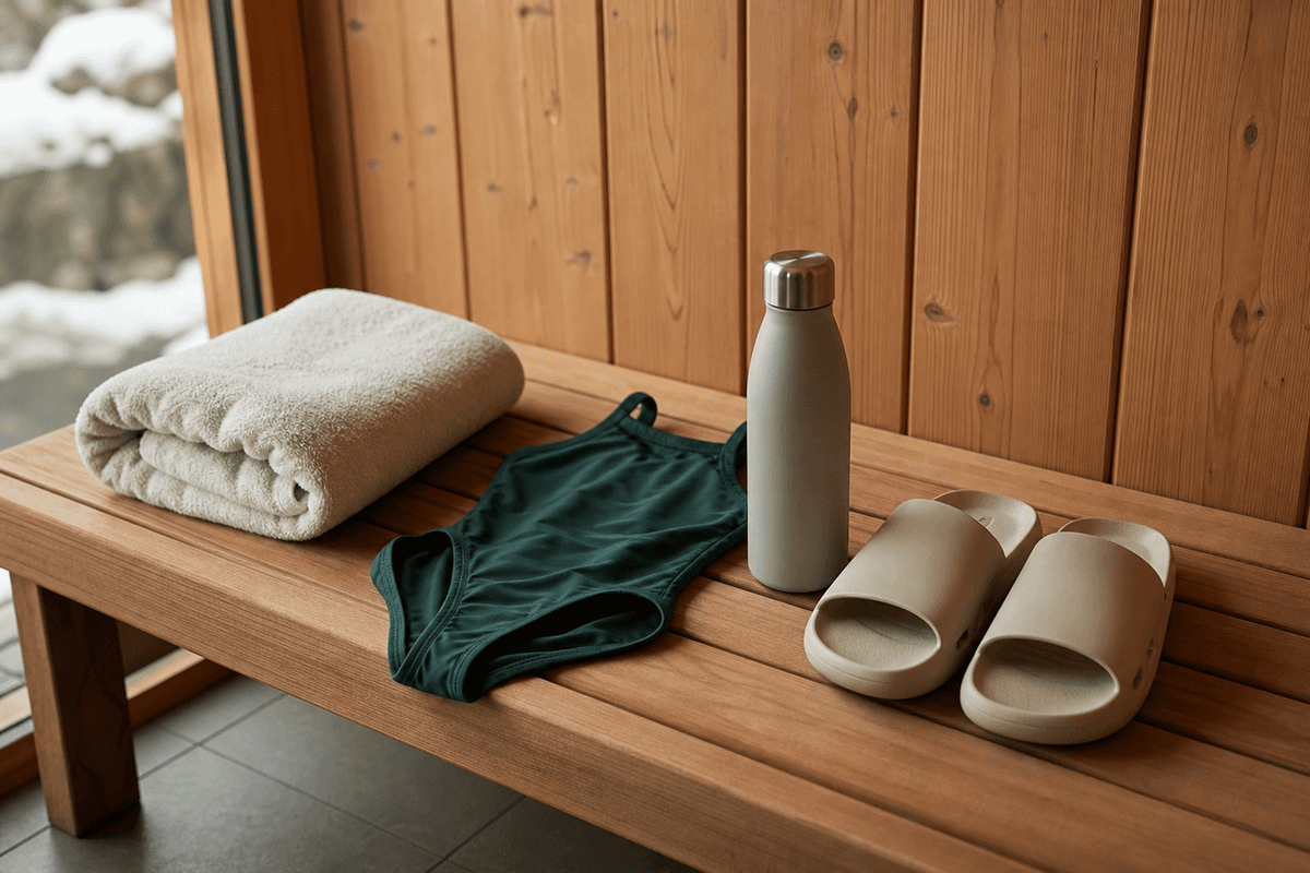 A folded towel, swimsuit, water bottle and slides laid out on a cedar bench before a sauna session