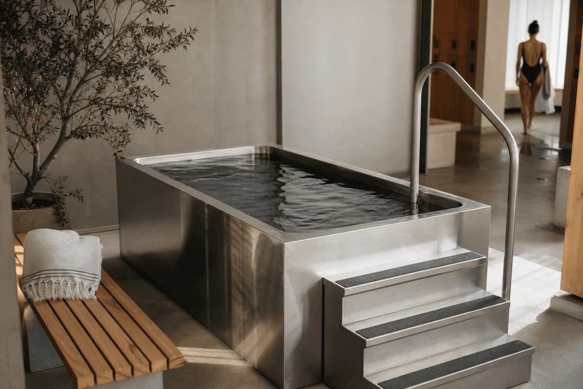 A stainless steel cold plunge tub with steps and a handrail beside a wooden bench