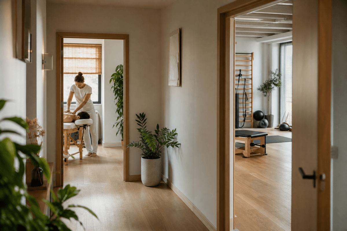 A clinic corridor with open doors to a treatment room and an exercise space