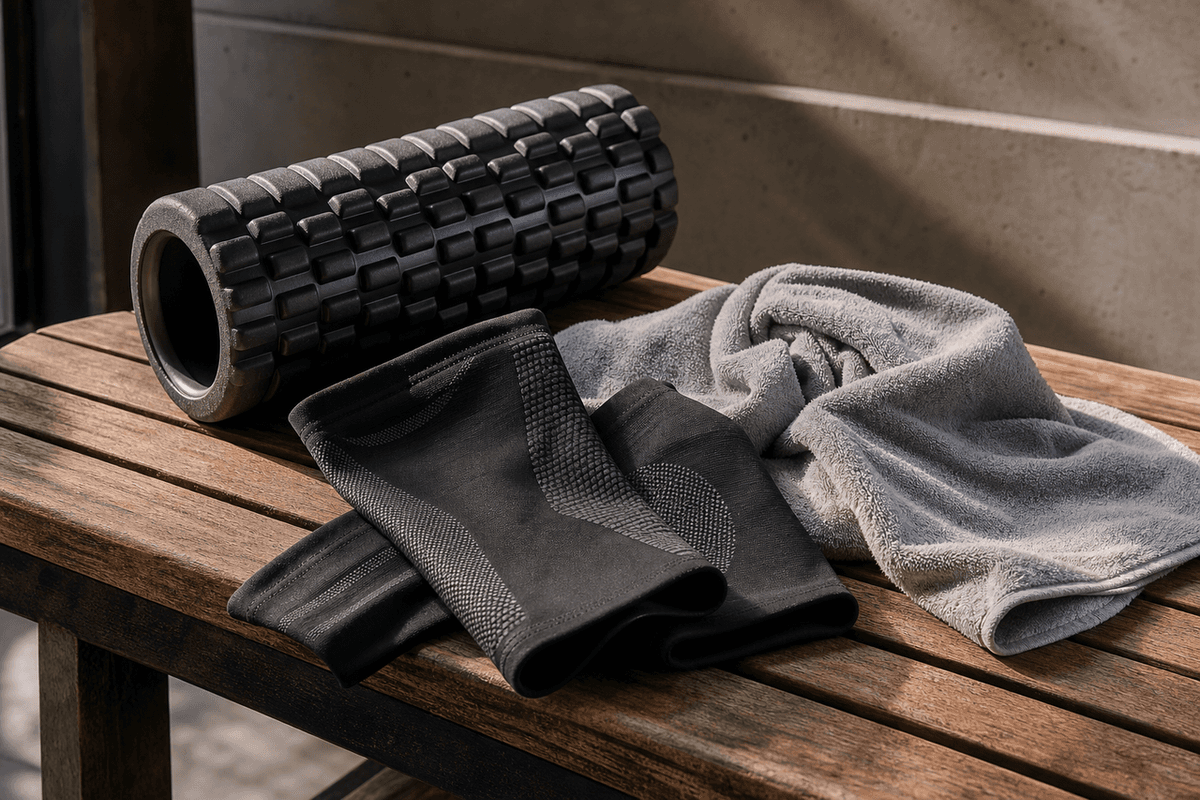 Foam roller, compression sleeves and a towel arranged on a wooden bench