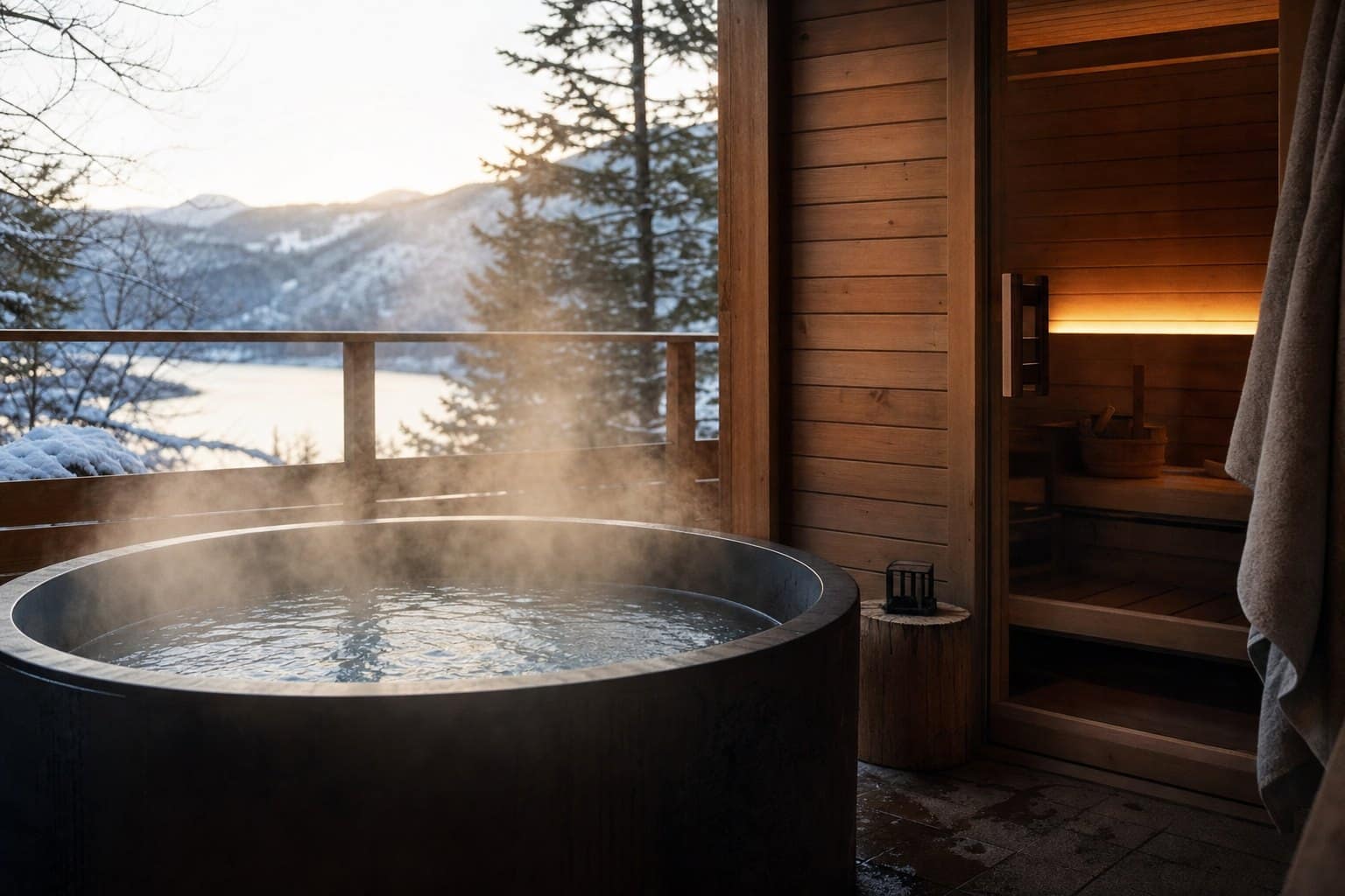 A steaming cold plunge beside a warm cedar sauna in soft morning light