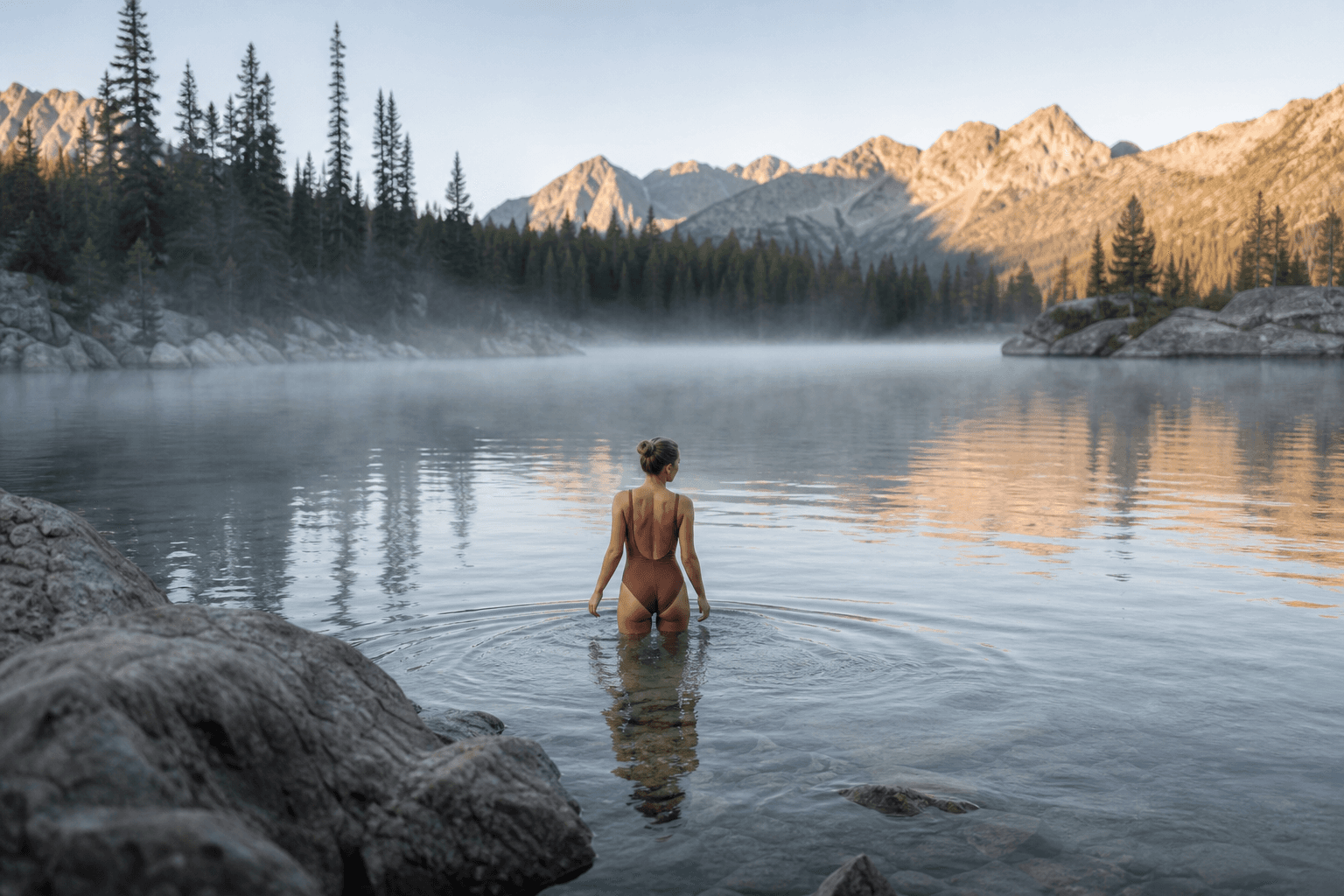 A person wading into a clear mountain lake surrounded by pine trees and rocky shores at dawn, mist rising off the water, soft cool light, peaceful and expansive mood