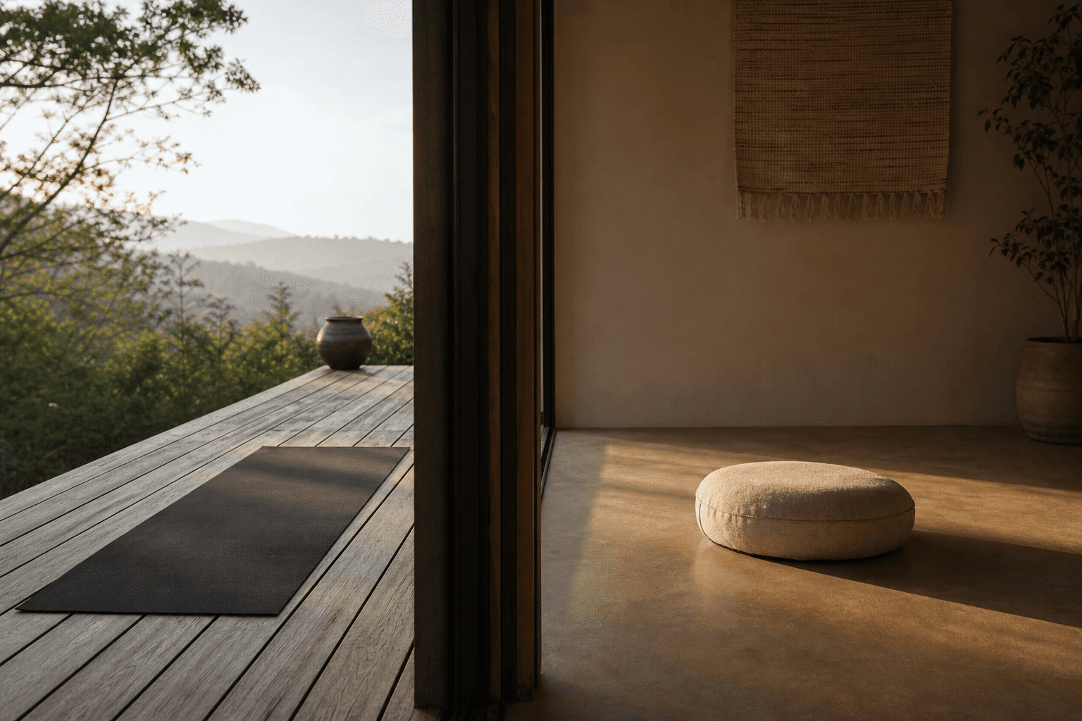Split calm scene: a yoga mat on a wooden deck on one side and a quiet meditation cushion in a still room on the other, soft morning light