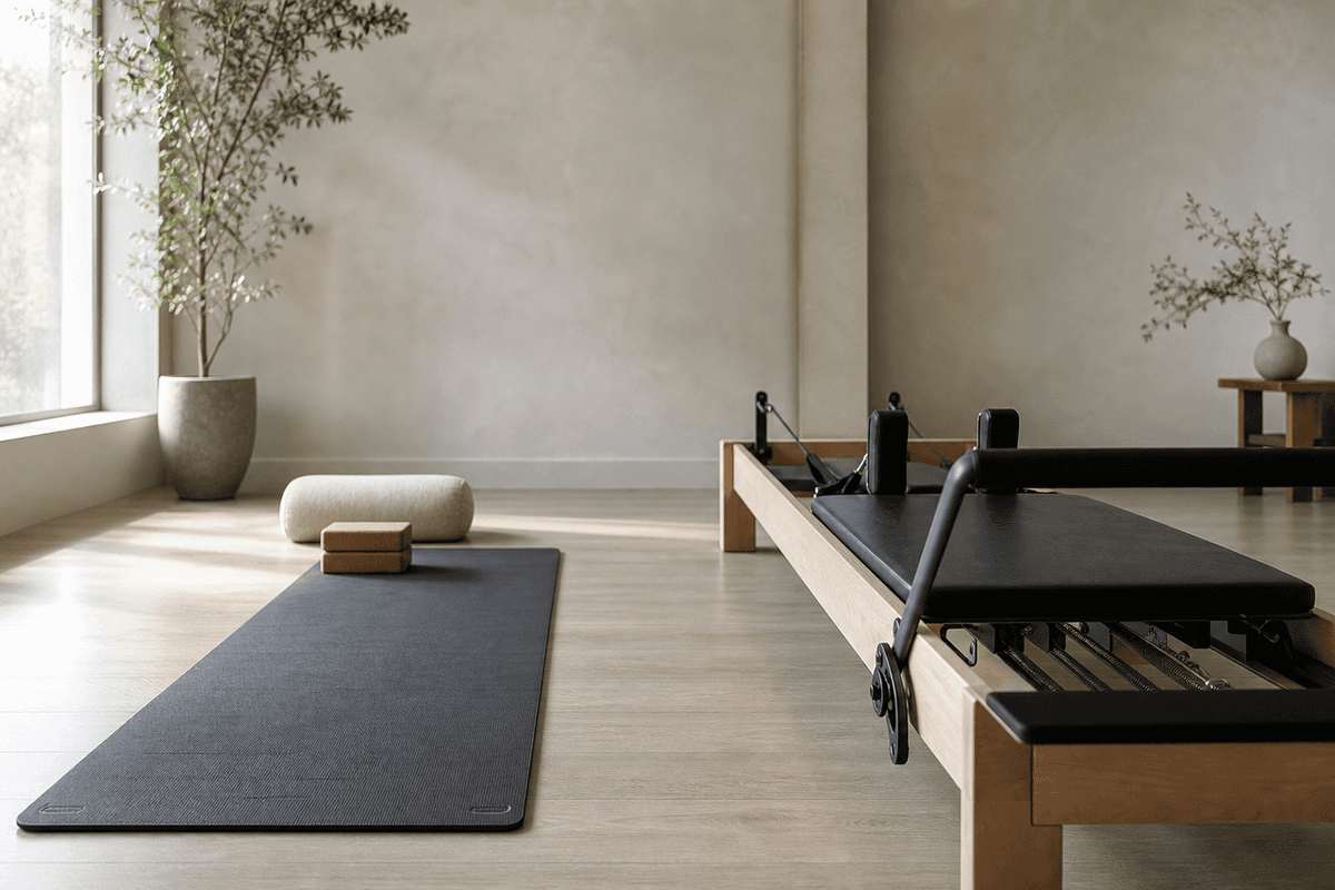 A calm studio with a yoga mat on one side and a Pilates reformer on the other in soft light