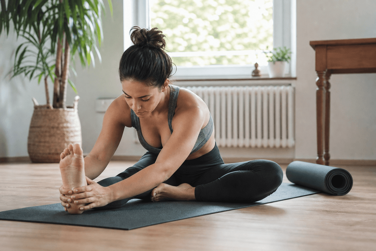 A person stretching on a mat at home beside a rolled yoga mat, calm daylight through a window