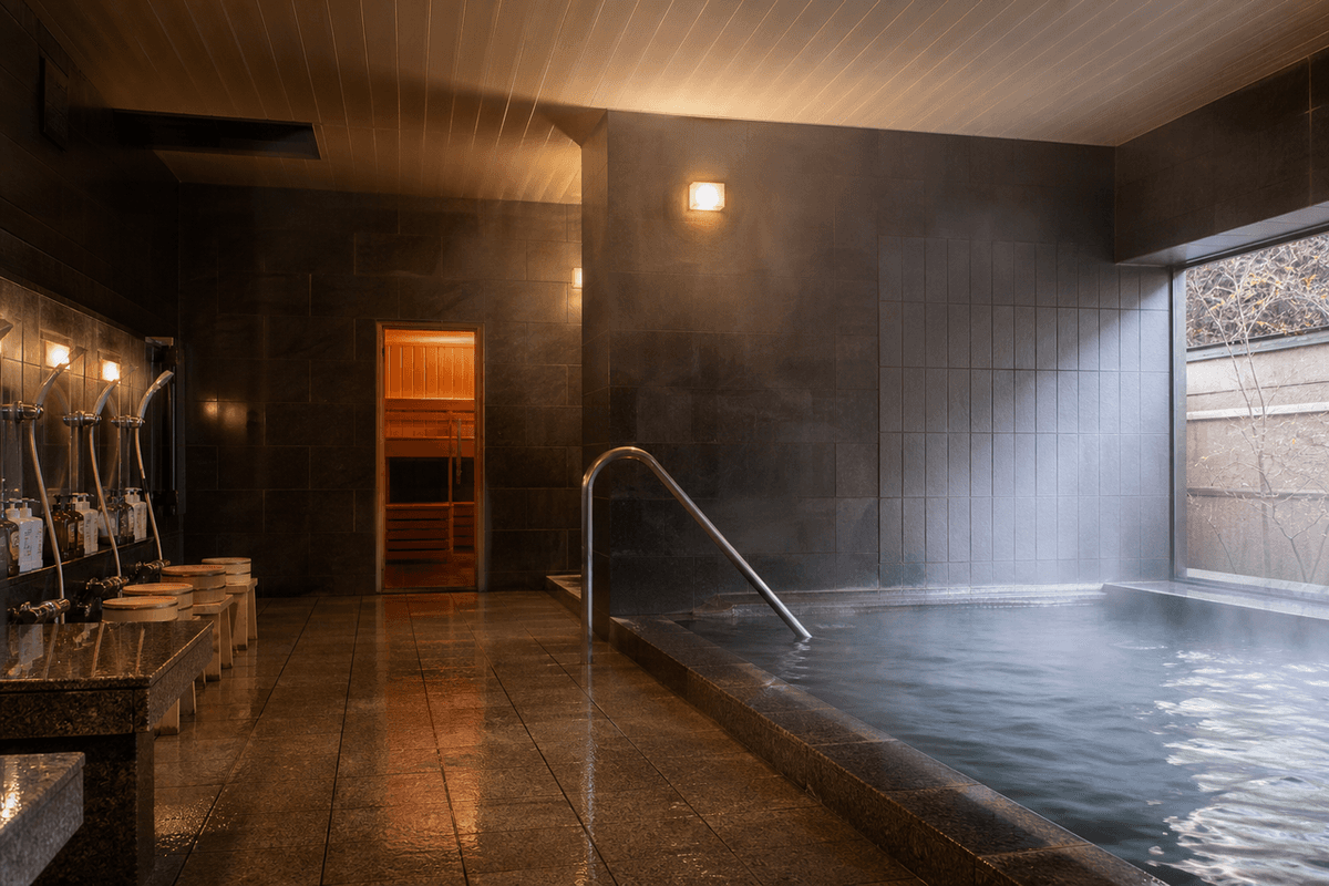 A serene tiled bathhouse interior with a warm soaking pool and soft steam in the air