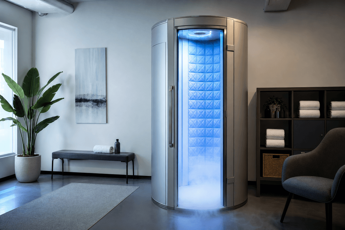 A modern whole-body cryotherapy chamber in a clean recovery studio with cool light