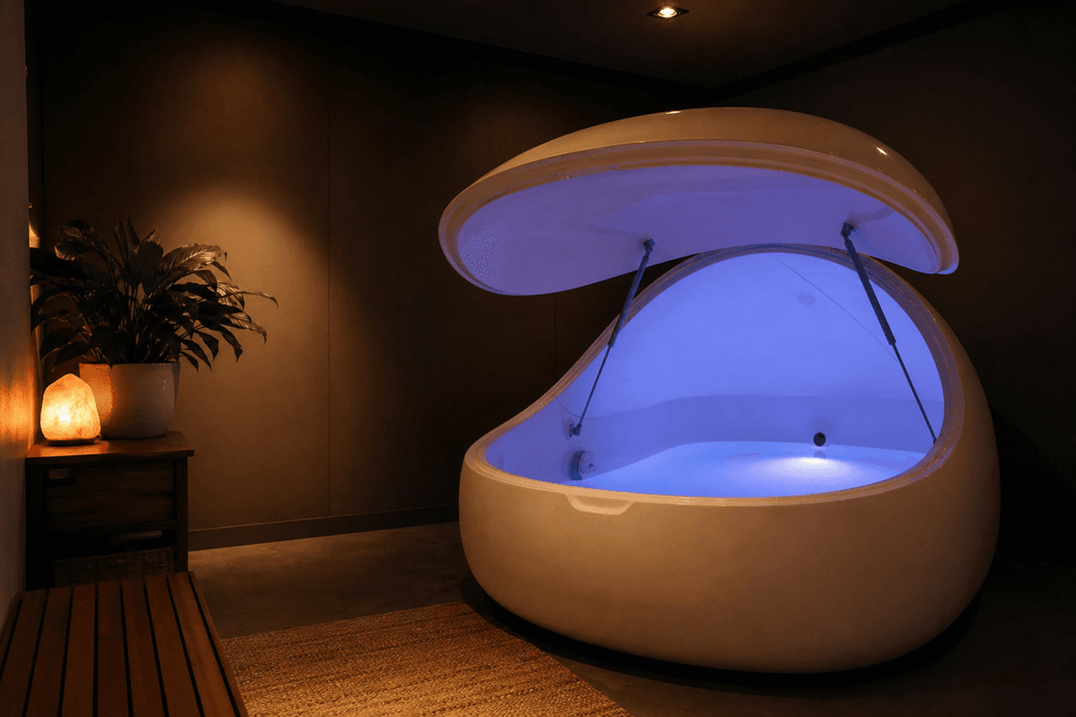 A calm dimly lit float tank room with still water and a soft glow