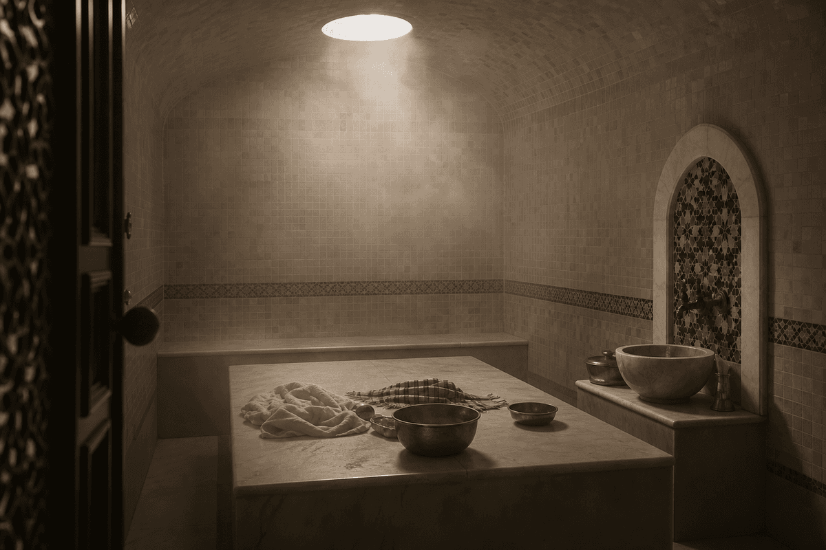 A tiled steam room with a marble slab, brass bowls and soft light from above