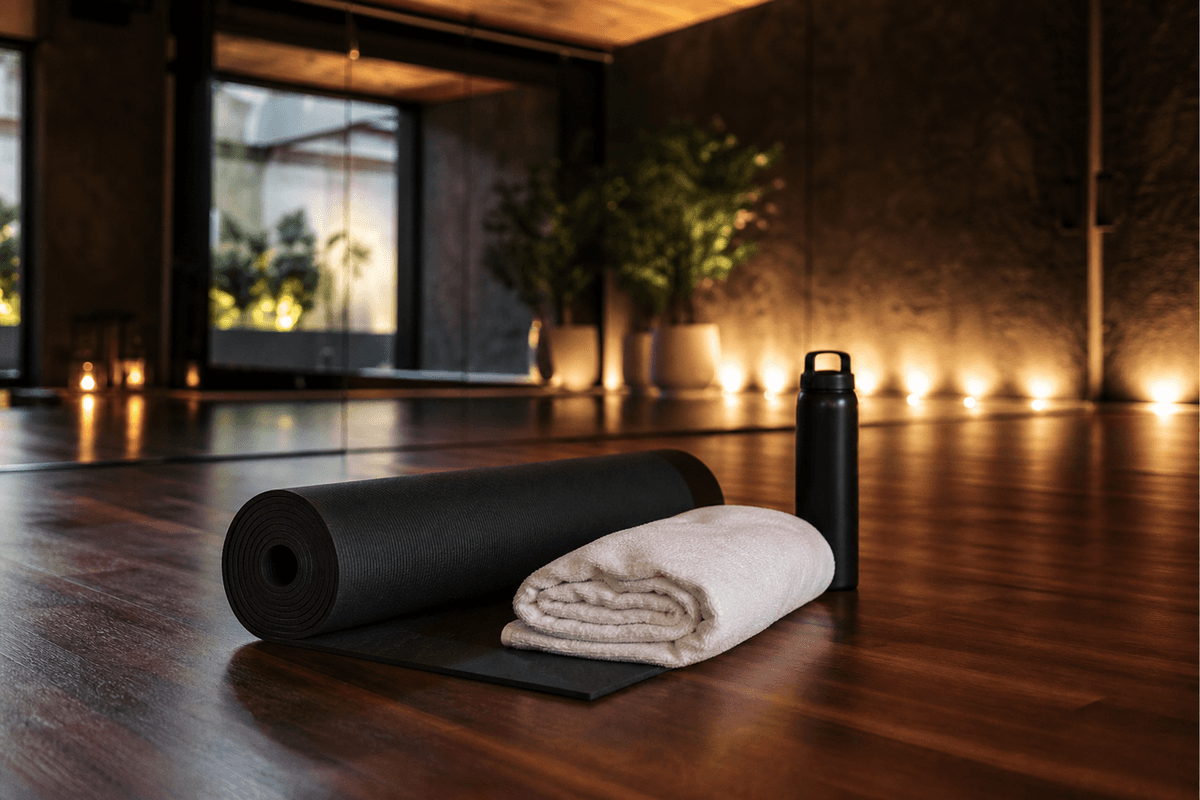 A warm, dimly lit hot yoga studio with a single rolled mat and towel on a wooden floor