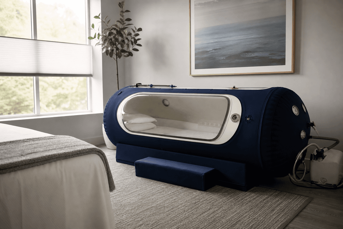 A clean clinic room with a soft-sided hyperbaric chamber, a folded blanket and calm daylight