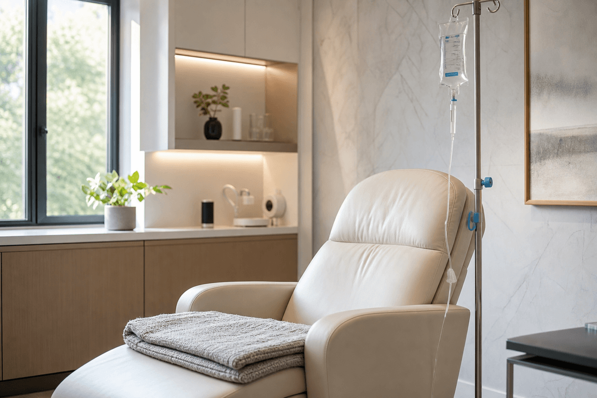 A reclining chair beside an IV stand and a folded blanket in a clean, calm clinic room