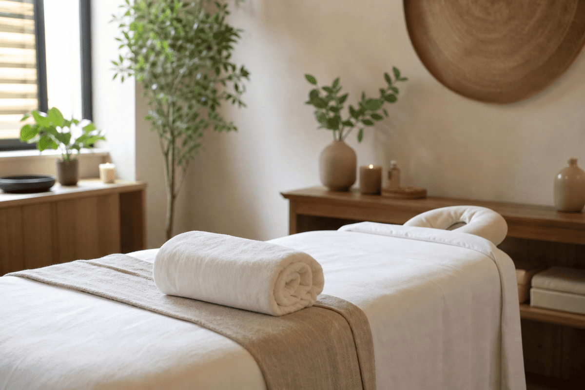 A calm massage room with fresh linens on the table, soft light, and a rolled towel