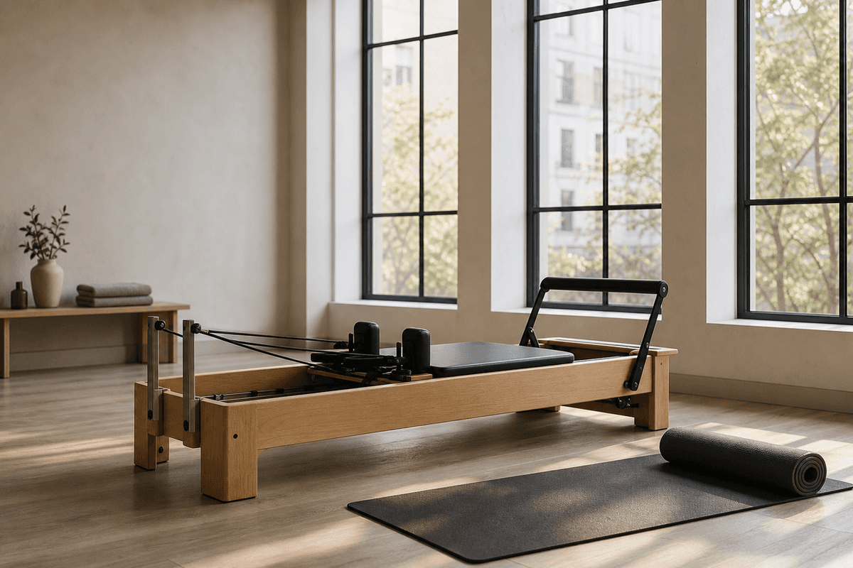A quiet Pilates studio with a reformer bed, a rolled mat, and soft daylight through tall windows