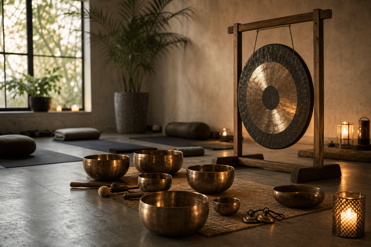Singing bowls and a gong arranged in a calm candlelit studio with mats on the floor