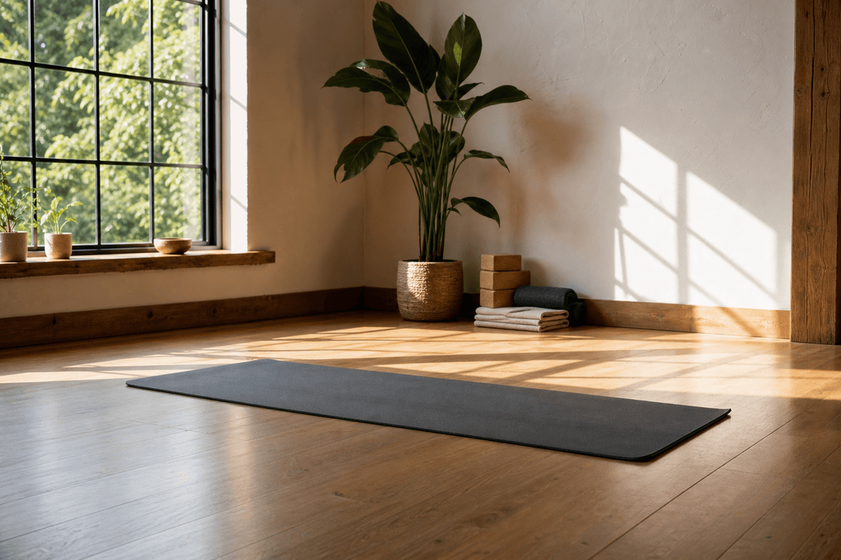 A calm sunlit yoga studio with a single mat rolled out near a window